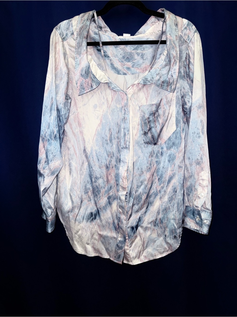 Good American Oversized Blue Marble Print Silk Button Down | Size Small